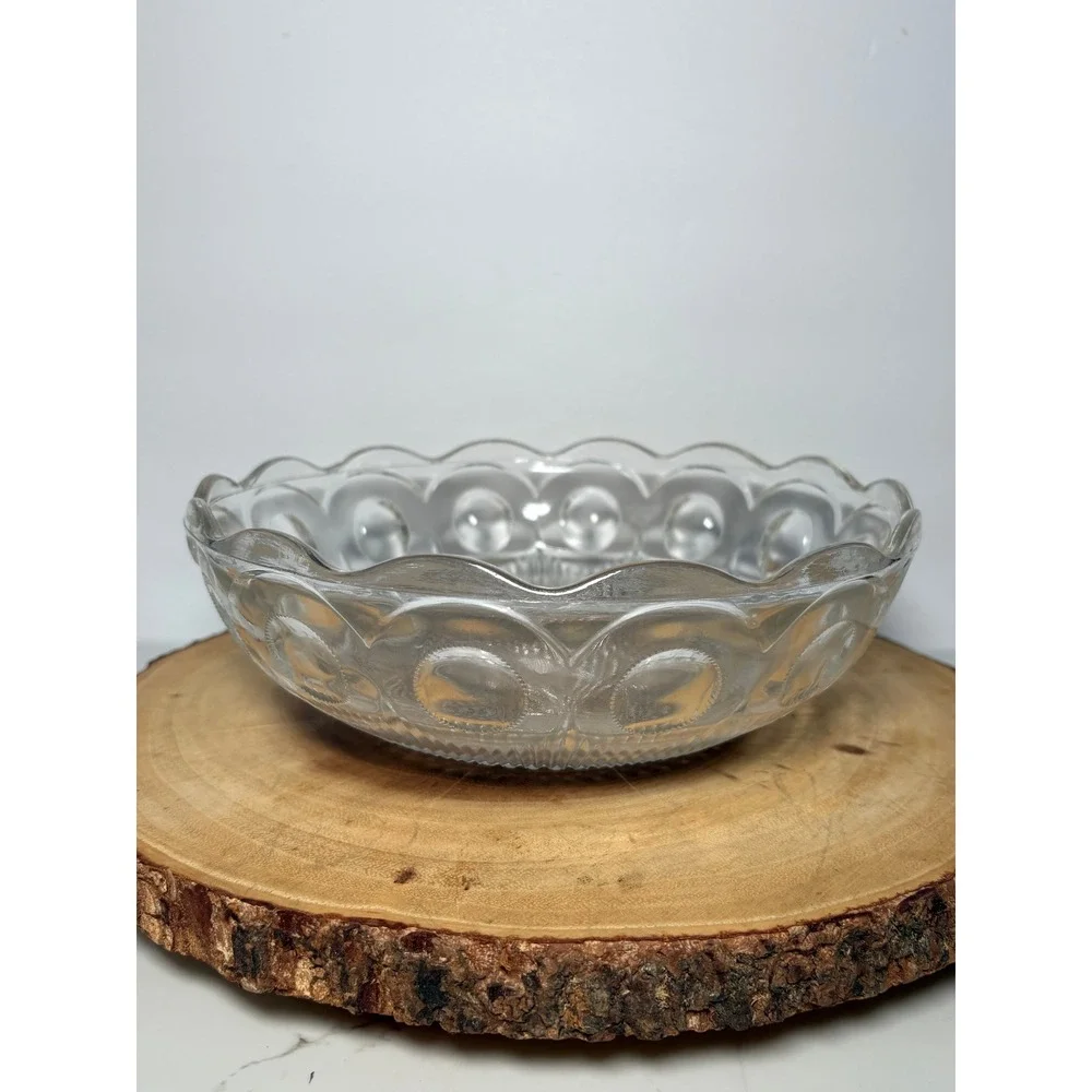 Vintage Clear Pressed Glass Bowl Scalloped Edge Thumbprint‎ Ribbed Hobnail 8.5